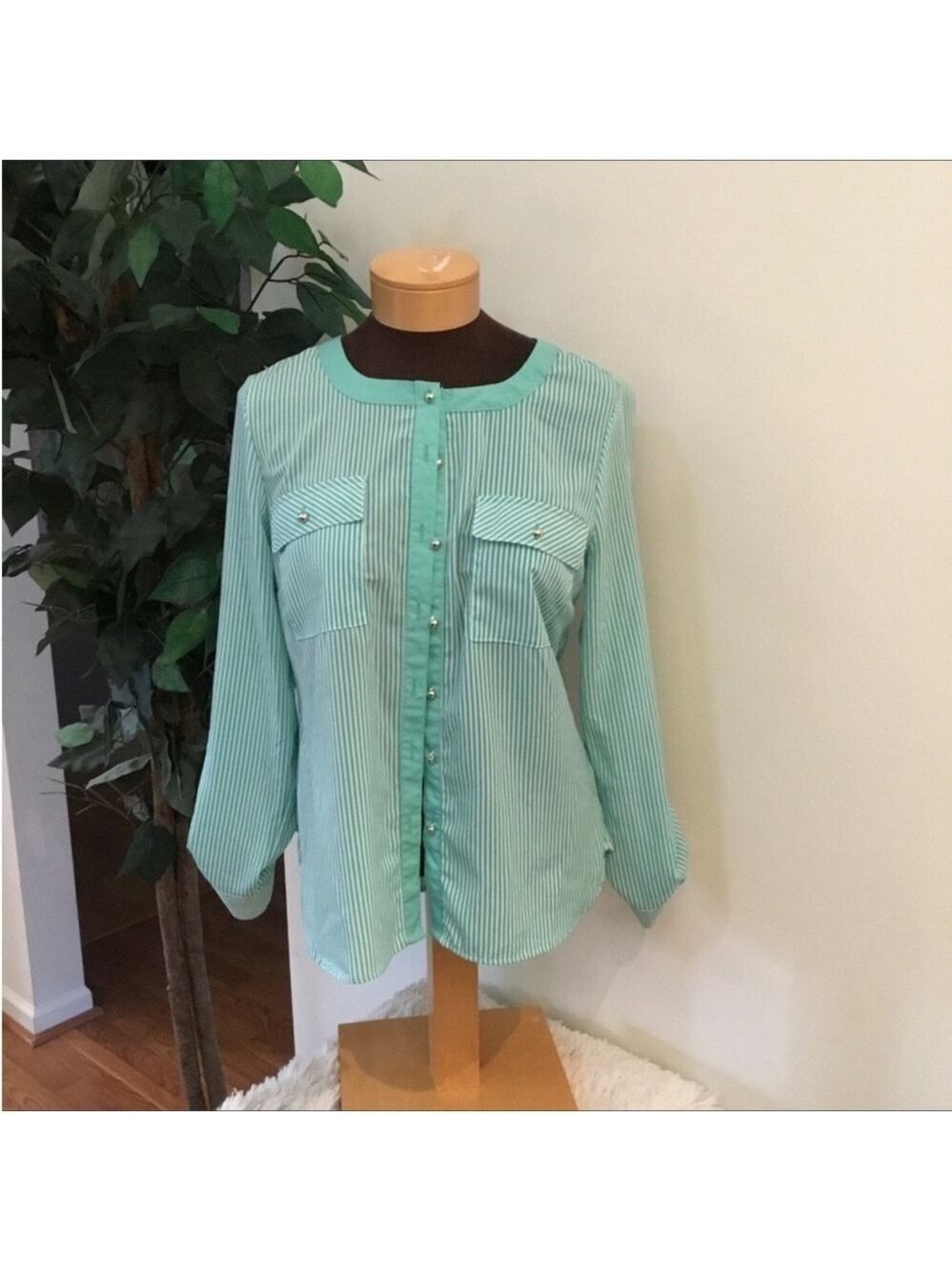 Elementz green white striped button down silver buttons Womans Medium